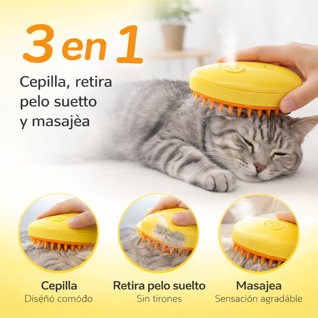 Cepillo Vapor Mascotas 3 en 1  Menos Pelo y Sin Tirones